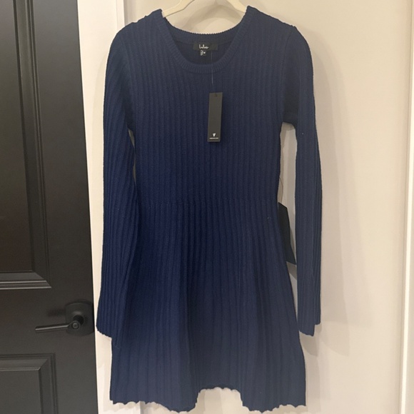 Lulus Convincing Poise Navy Ribbed Long Sleeve Skater Mini Dress Blue - Size M - Picture 2 of 4